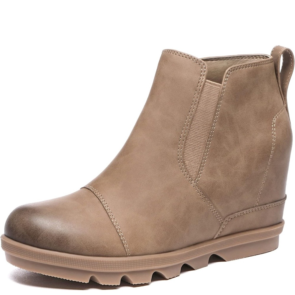 Athlefit Women's Wedge Ankle Boots Comfortable Slip On Wedge Bootie  Tan